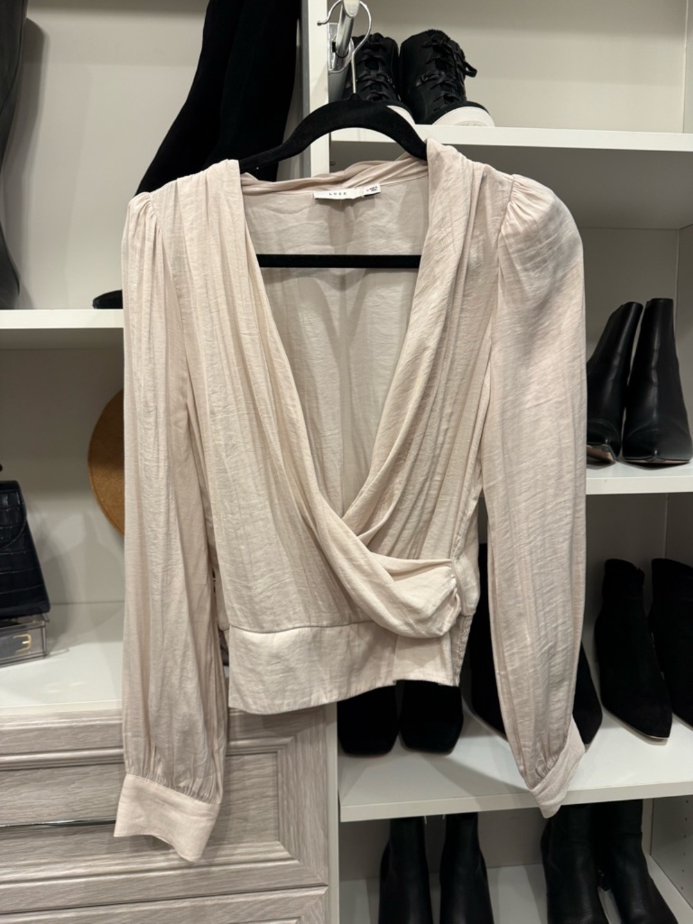 Lush Cream Wrap-Style Long Sleeve Blouse